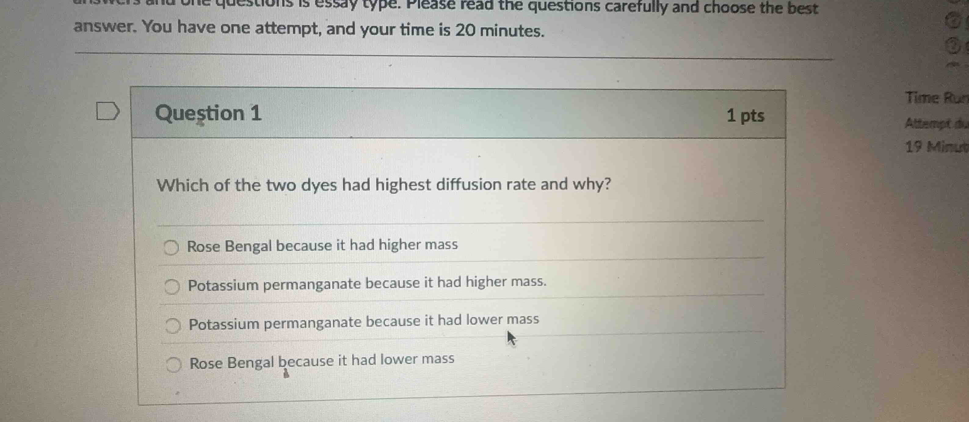 question 1 1 pts which of the two dyes had highest diffusion rate and w…