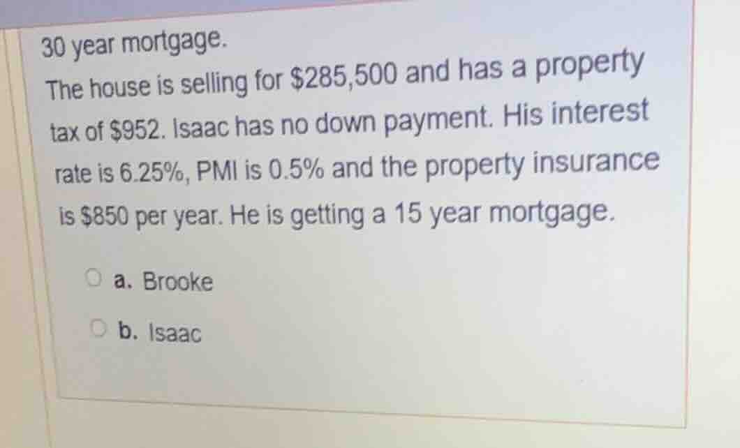 30 year mortgage. the house is selling for $285,500 and has a property …