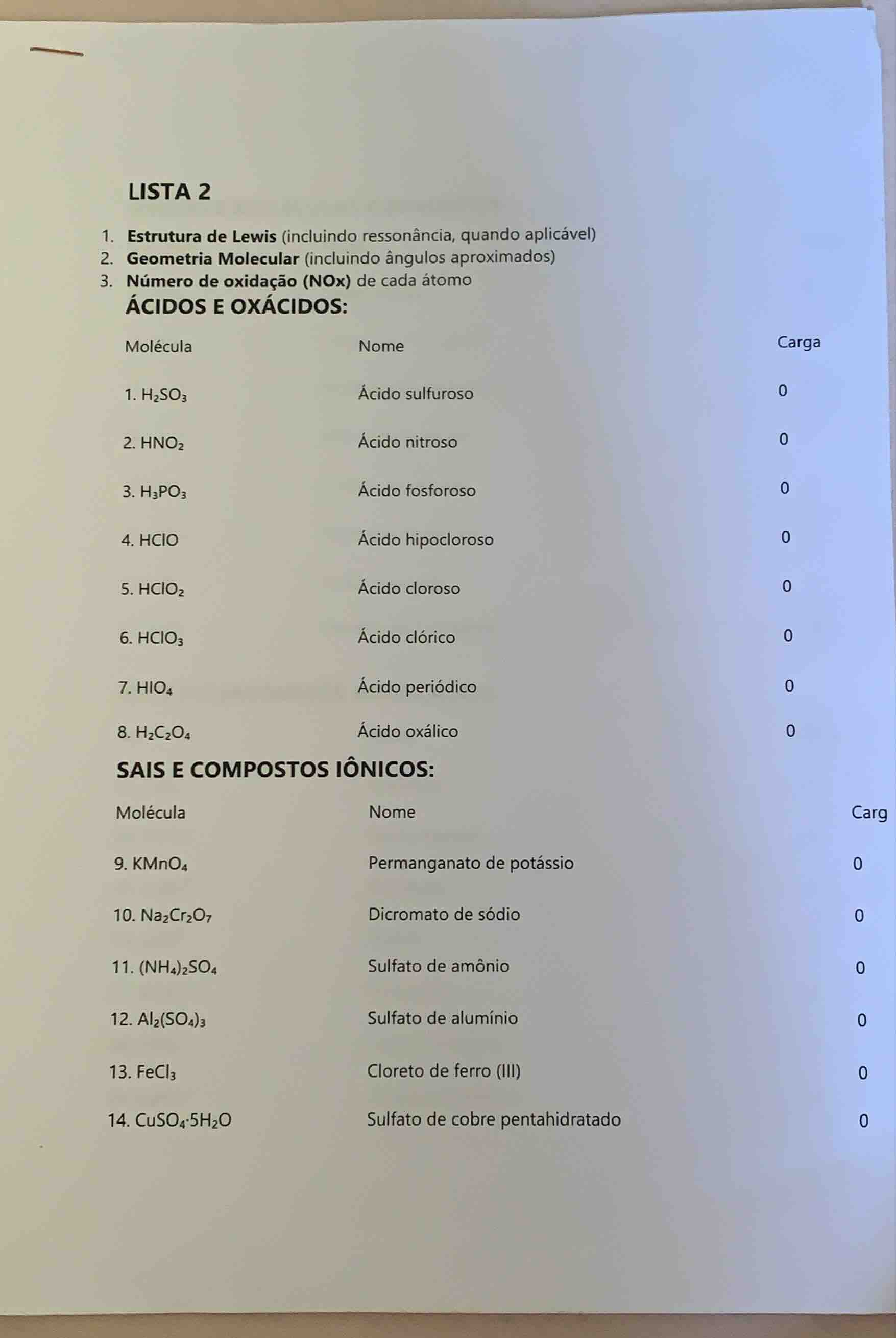 lista 2 1. estrutura de lewis (incluindo ressonância, quando aplicável)…