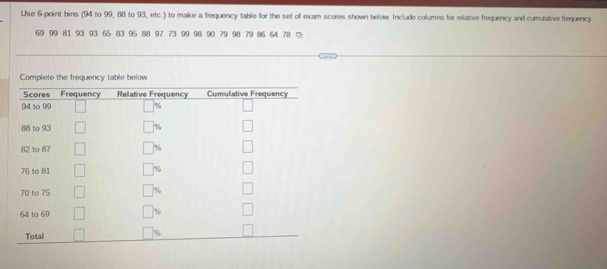 use 6-point bins (94 to 99, 88 to 93, etc.) to make a frequency table f…