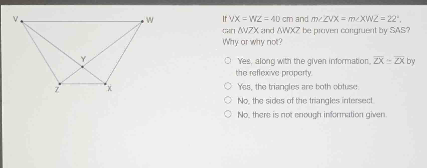 if \\(vx = wz = 40\\text{ cm}\\) and \\(m\\angle zvx = m\\angle xwz = 2…