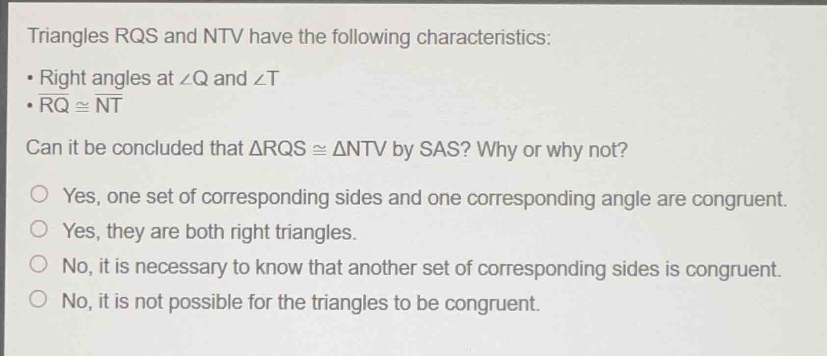 triangles rqs and ntv have the following characteristics: * right angle…