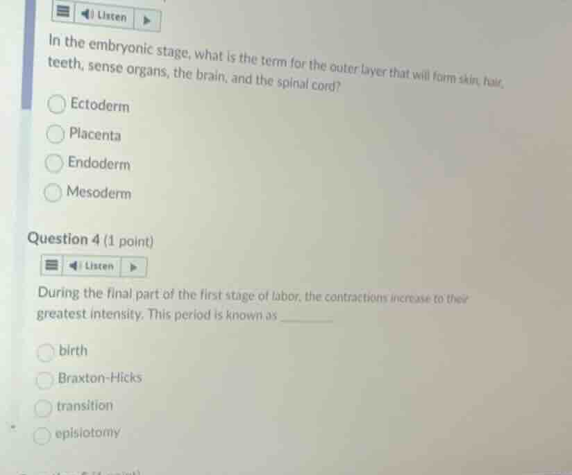 in the embryonic stage, what is the term for the outer layer that will …