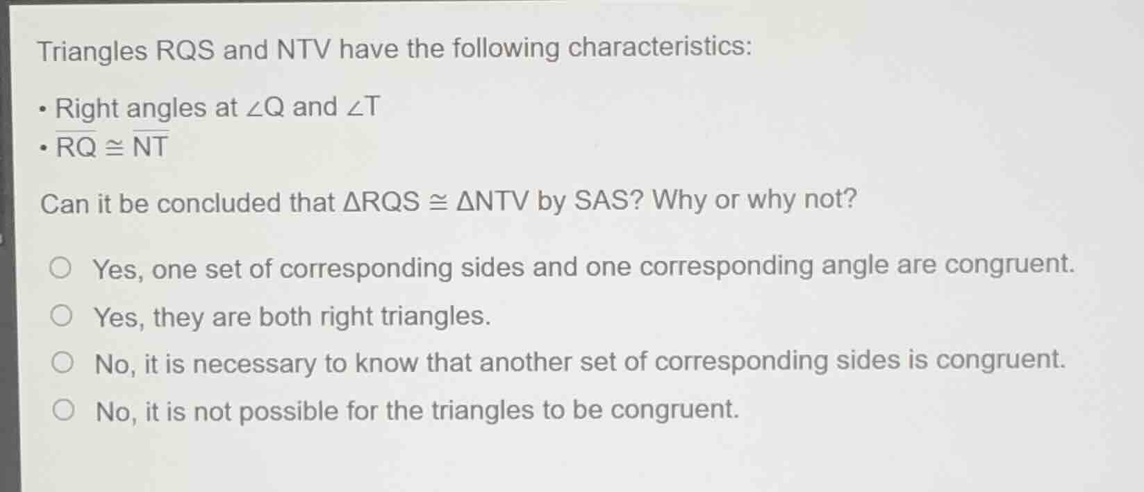 triangles rqs and ntv have the following characteristics: * right angle…