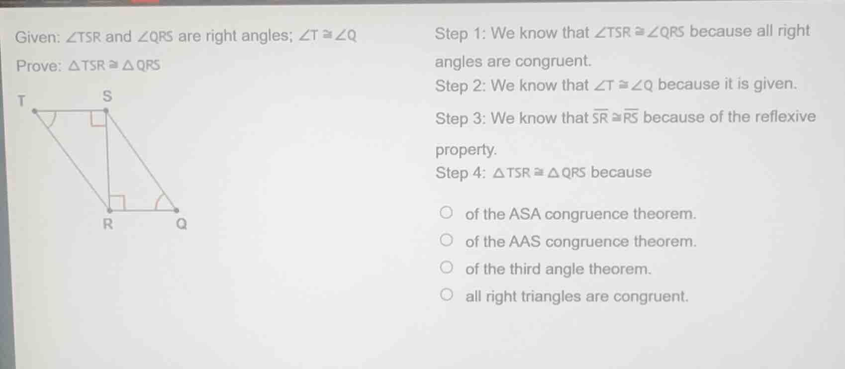 given: \\(\\angle tsr\\) and \\(\\angle qrs\\) are right angles; \\(\\a…